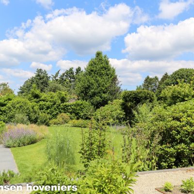 Landelijk tuin met veel beplanting.